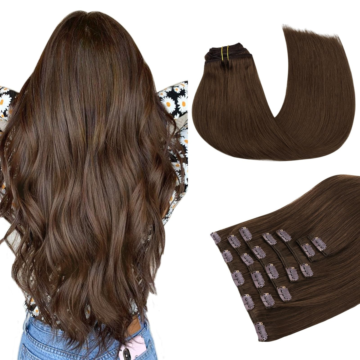 MAXITA extensiones con pinzas en U de cabello humano marrón chocolate 16 pulgadas para look natural.