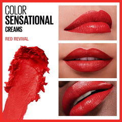 MAYBELLINE Color Sensational Lipcolor 645 Red Revival, tono rojo intenso para looks audaces.