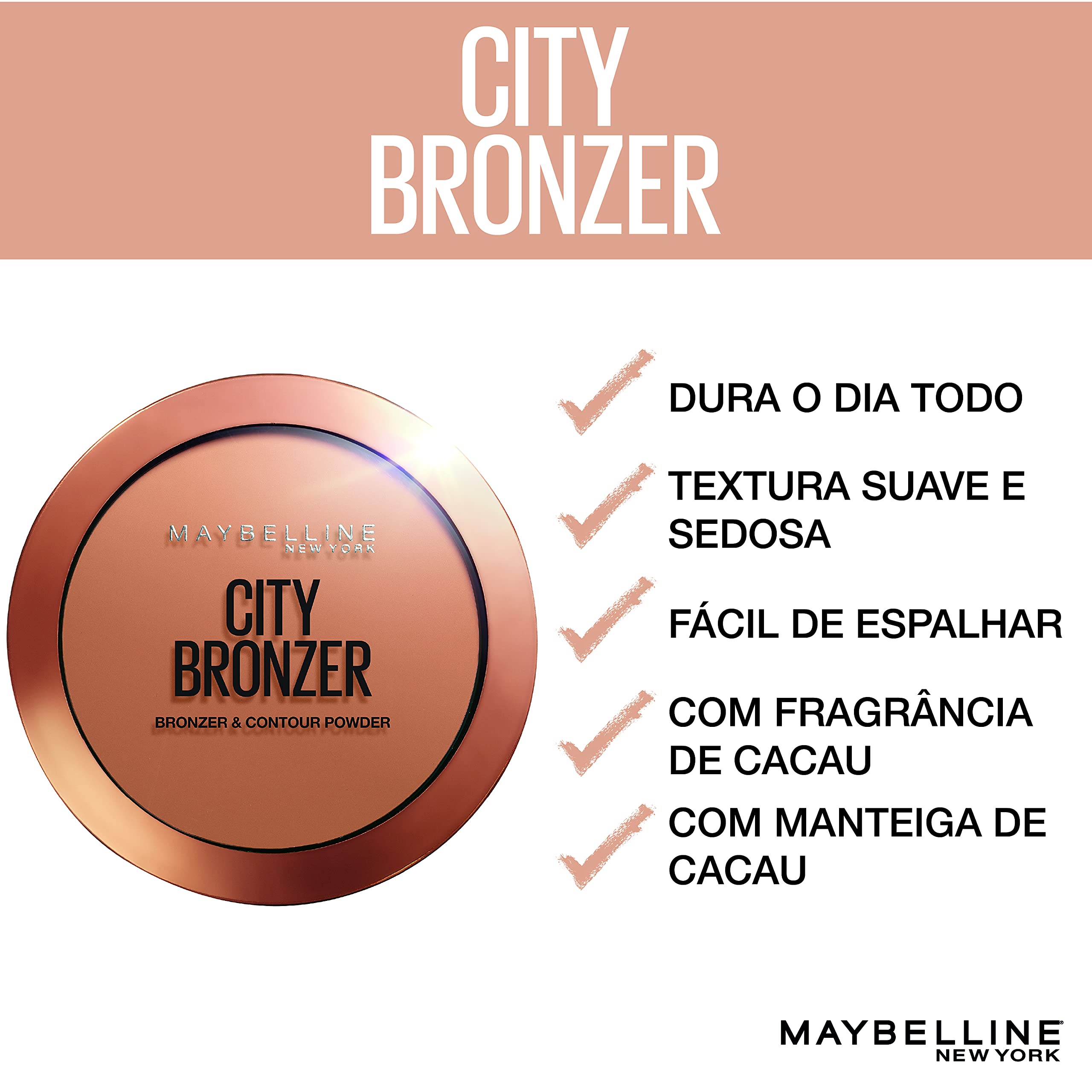 Maybelline Bronceador Ciudad Acabado mate que resiste todo el día.