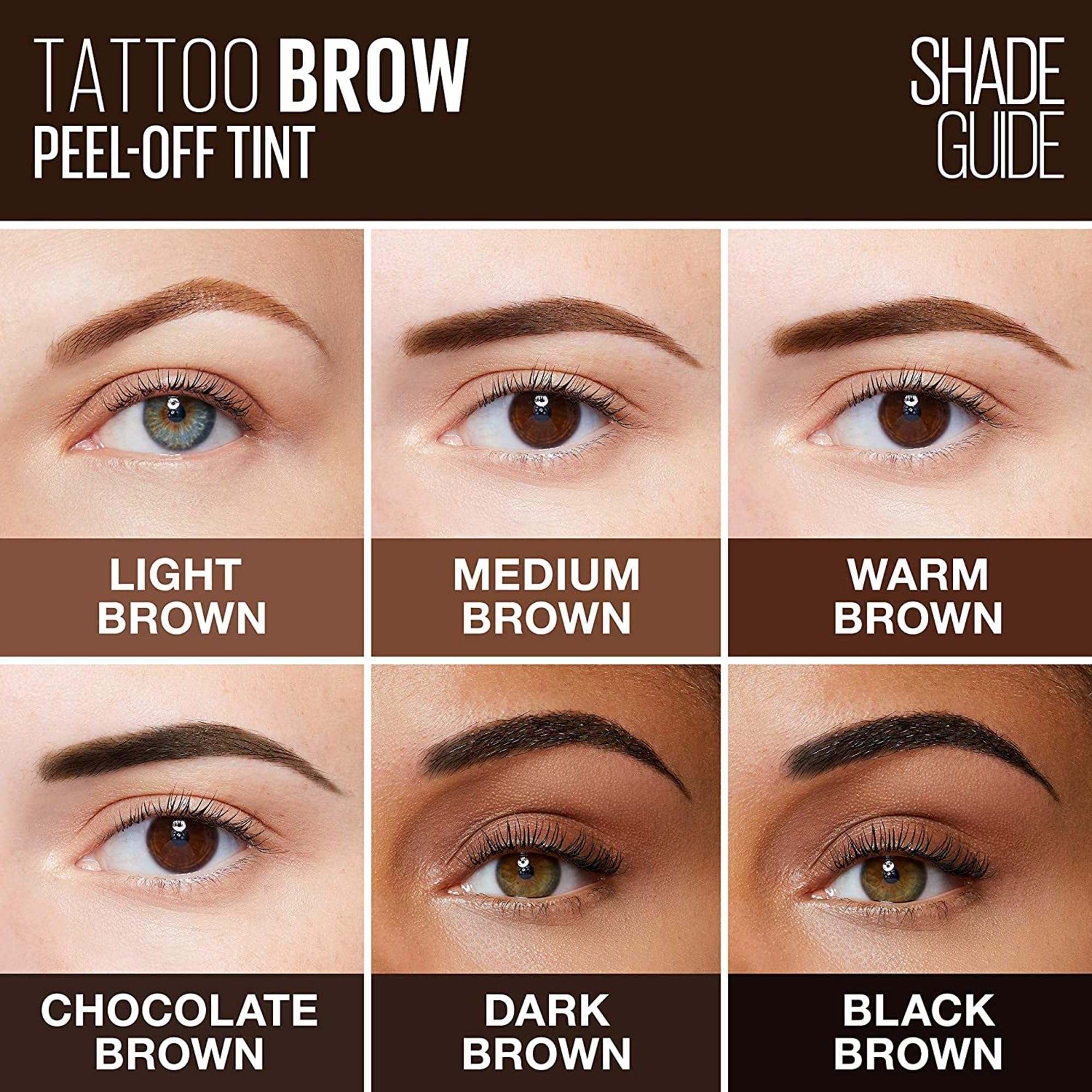 Maybelline Brow Tattoo con gel tint desprendible para color duradero.