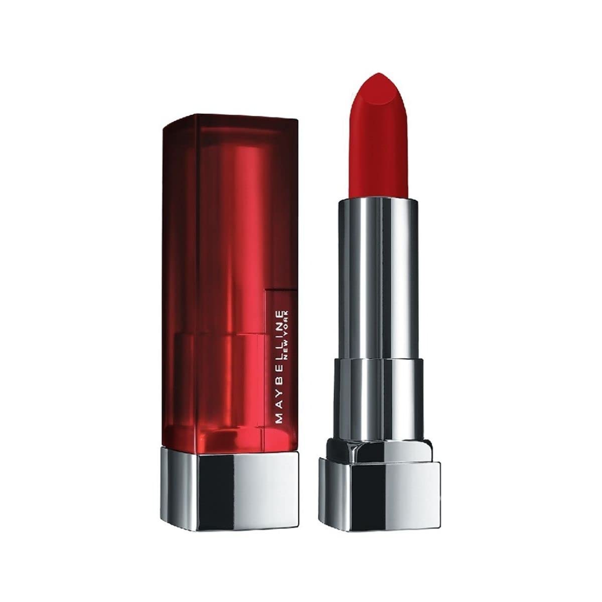 Maybelline Color Sensacional Labial Sirena en Escarlata, acabado mate duradero.