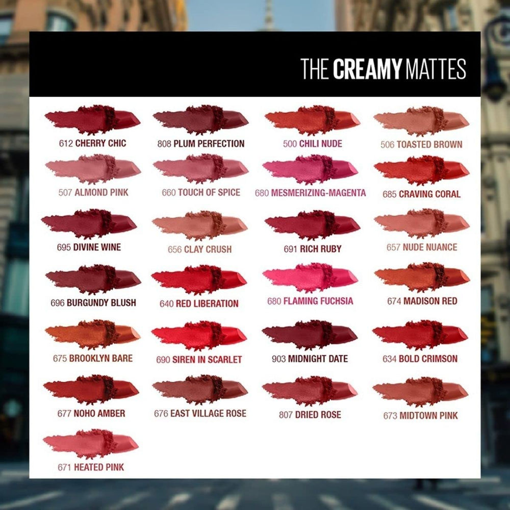 Aplicación labial Maybelline Color Sensational Mate: deslizamiento suave para un acabado uniforme.