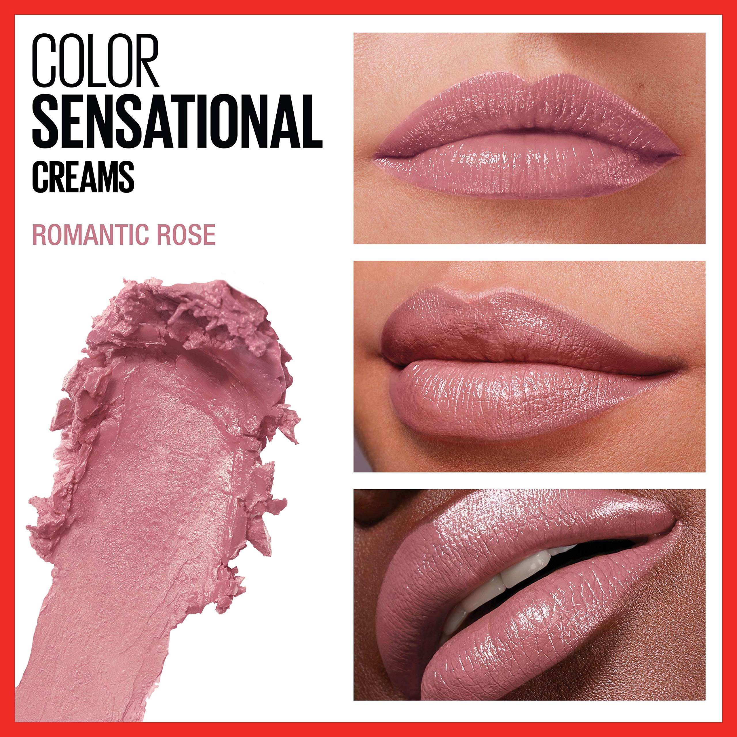 Textura cremosa de Maybelline Romantic Rose para labios lisos.