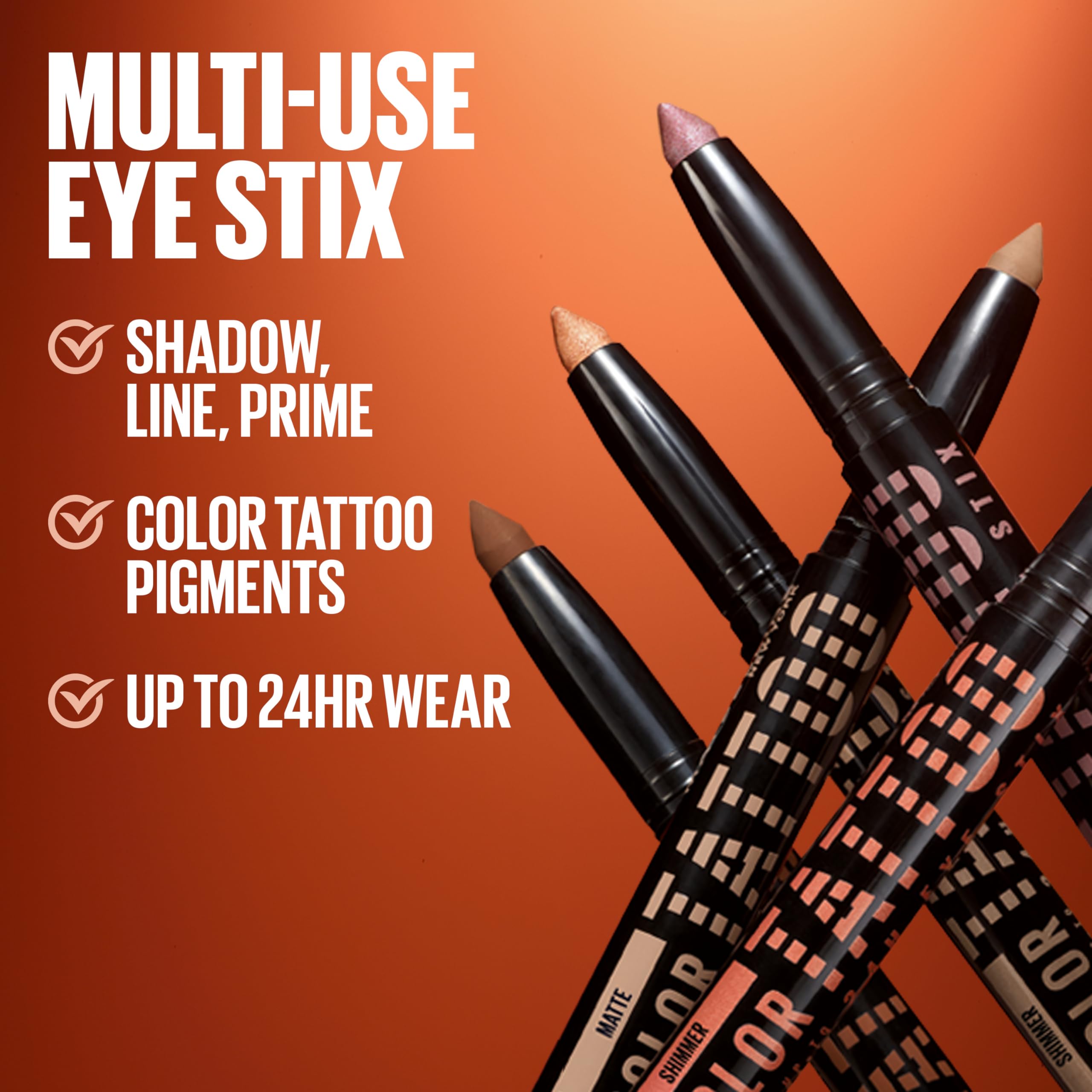 MAYBELLINE Color Tattoo Eye Stix afilador incorporado para retoques precisos y fáciles.