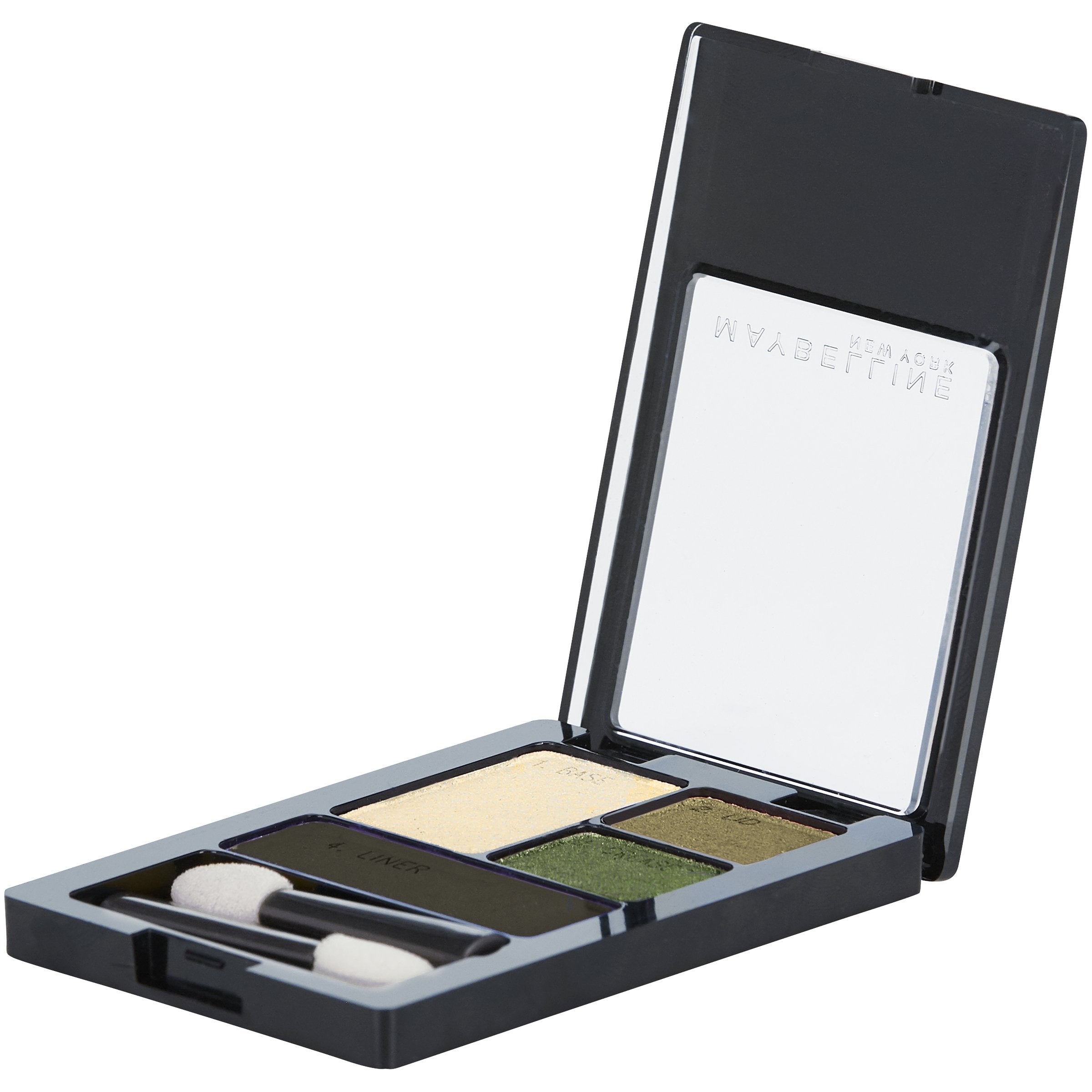 Maybelline cuadros de sombras, humos esmeralda, pigmentos finos que deslizan suavemente.