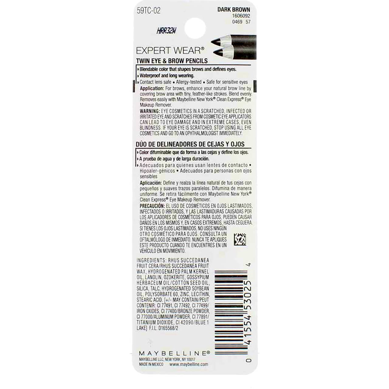 Product packaging and front label for Maybelline Expert Wear pencils.