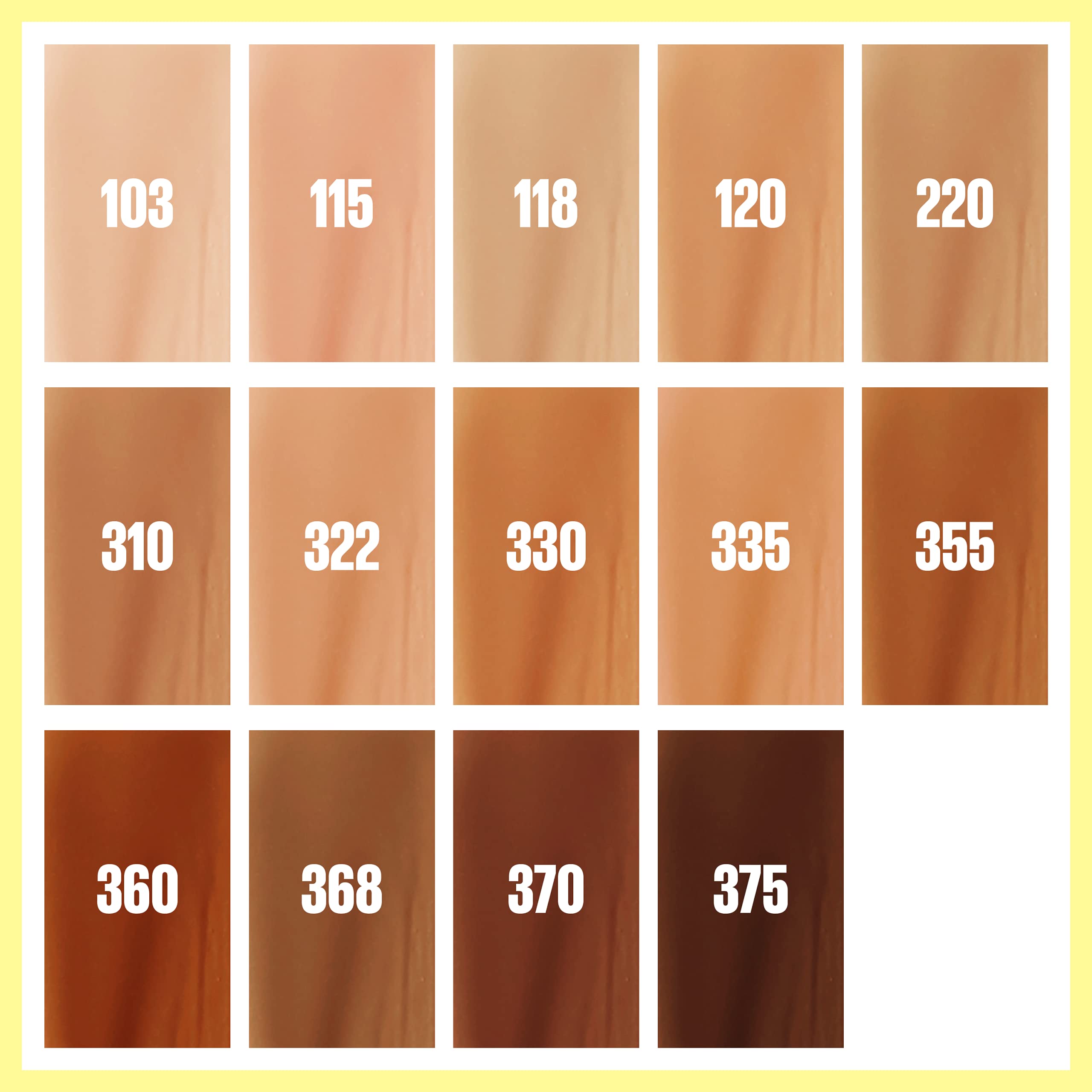 14 tonos disponibles de Maybelline Fit Me para distintos tonos de piel.