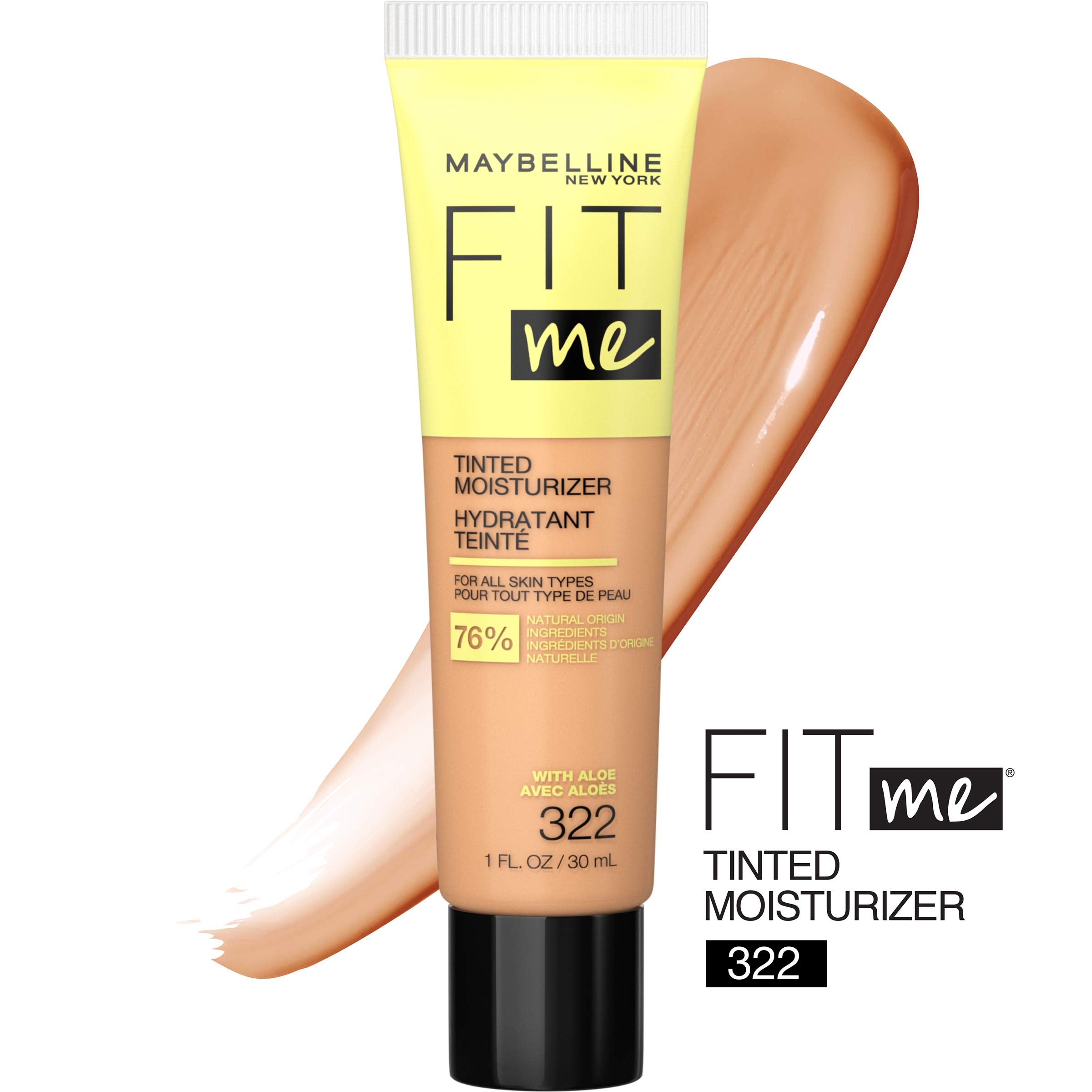 Envase compacto de Maybelline Fit Me crema hidratante con color, hidratación de 12 horas.