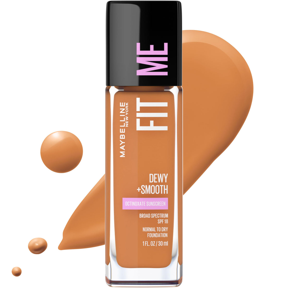 Maybelline Fit Me Dewy + Smooth, bote de base, piel hidratada y tono uniforme.