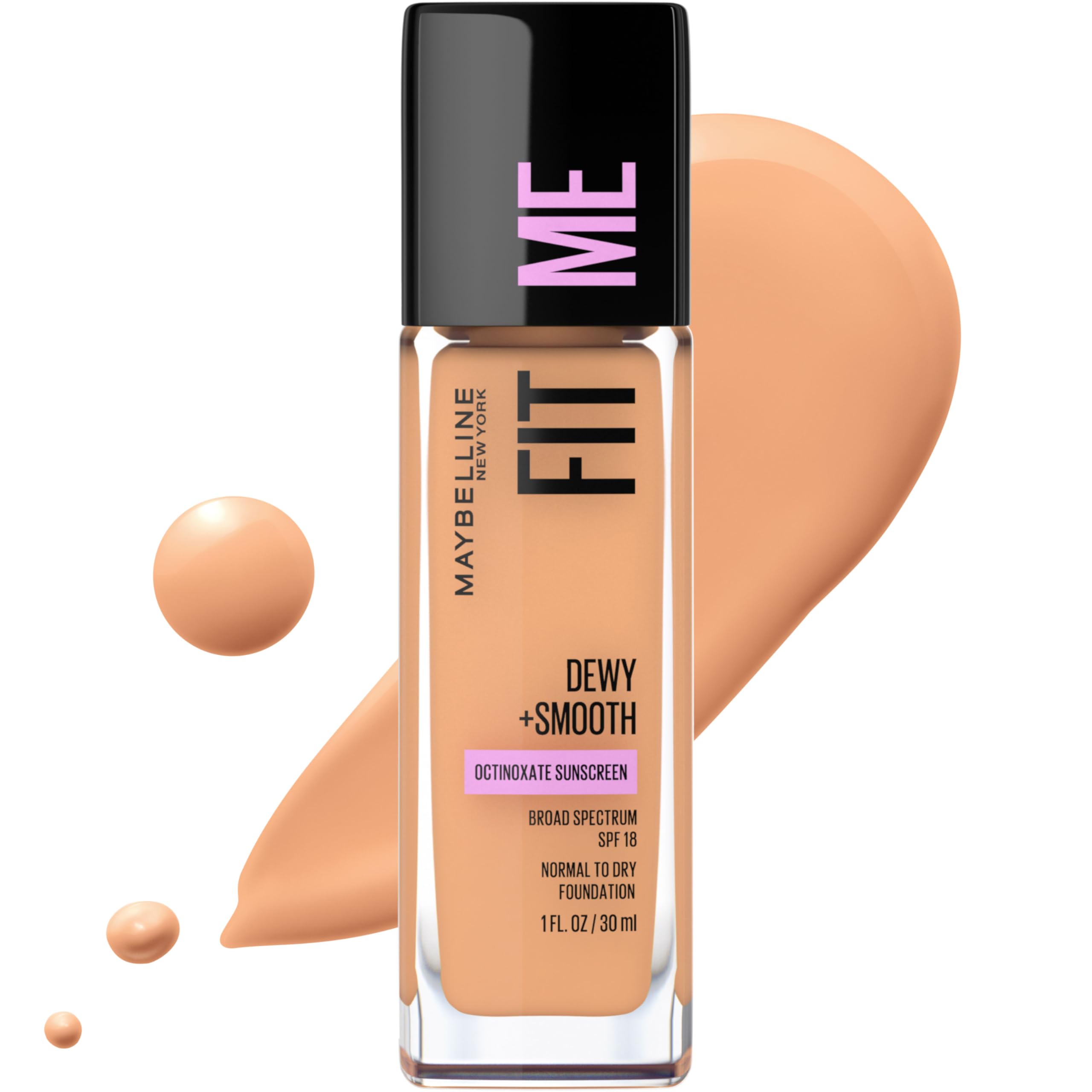 Maybelline Fit Me Dewy y Smooth Sun Beige, botella frontal, acabado luminoso para piel normal a seca.
