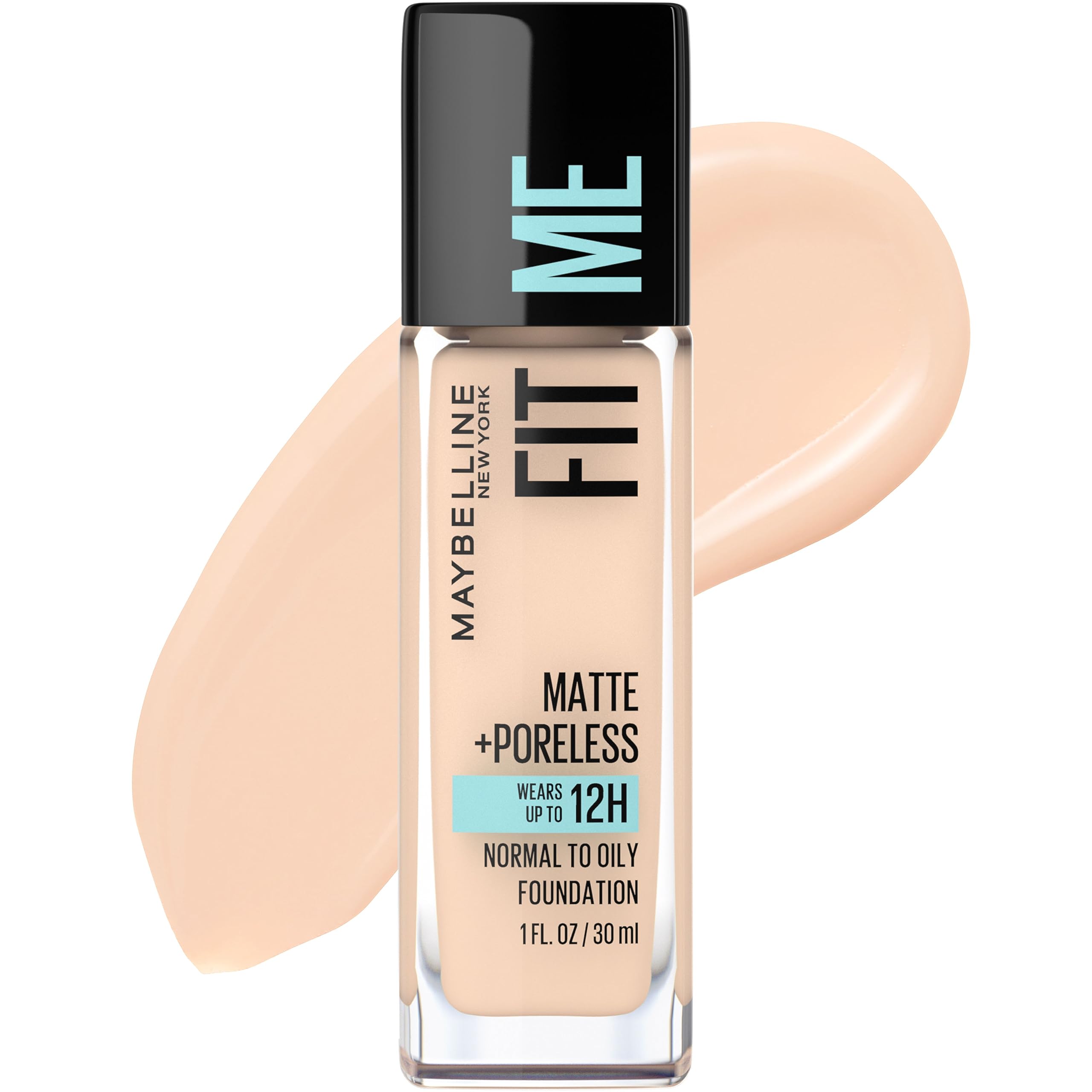 Maybelline Fit Me Matte + Poreless: botella-pour, acabado mate natural y poros refinados para piel grasa.