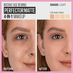 Maybelline Instant Age Rewind 4en1 matte, difumina poros y manchas leves.