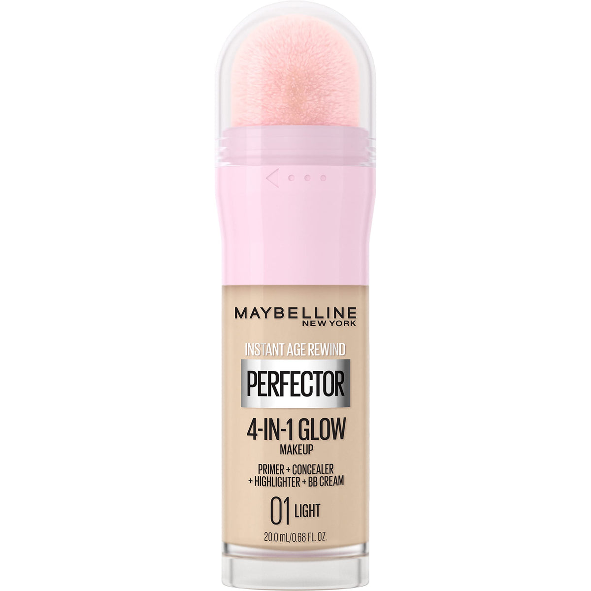 Maybelline Instant Perfector Glow bottle with built-in sponge for quick, even coverage.