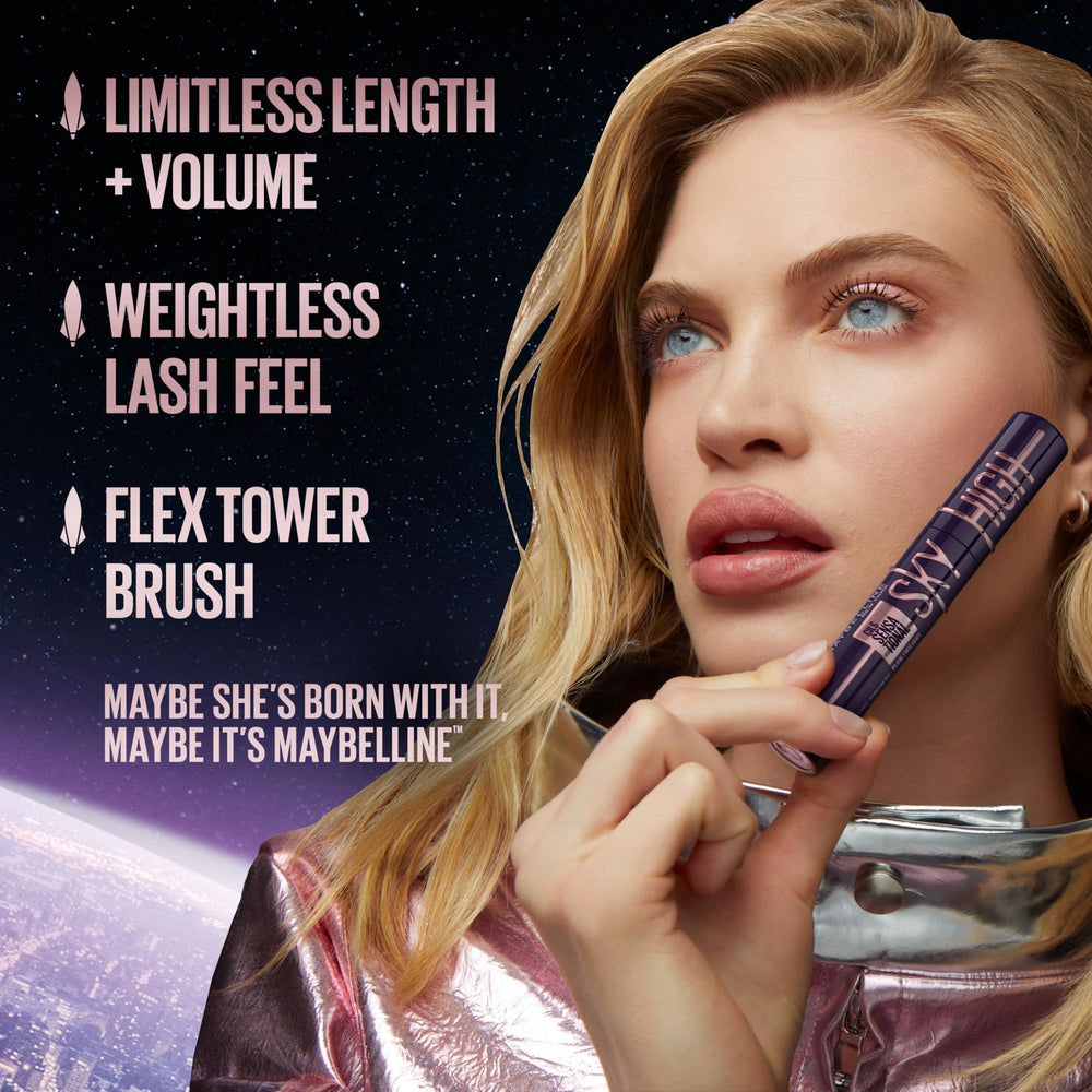 Maybelline Lash Sensational Sky High, negro cósmico, alarga pestañas con acabado dramático.