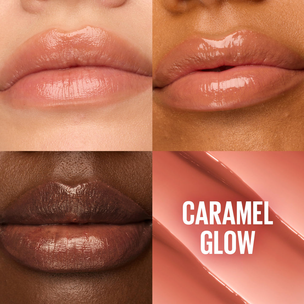 Maybelline Lifter Glaze aplicado suavemente, brindando brillo sedoso en labios.