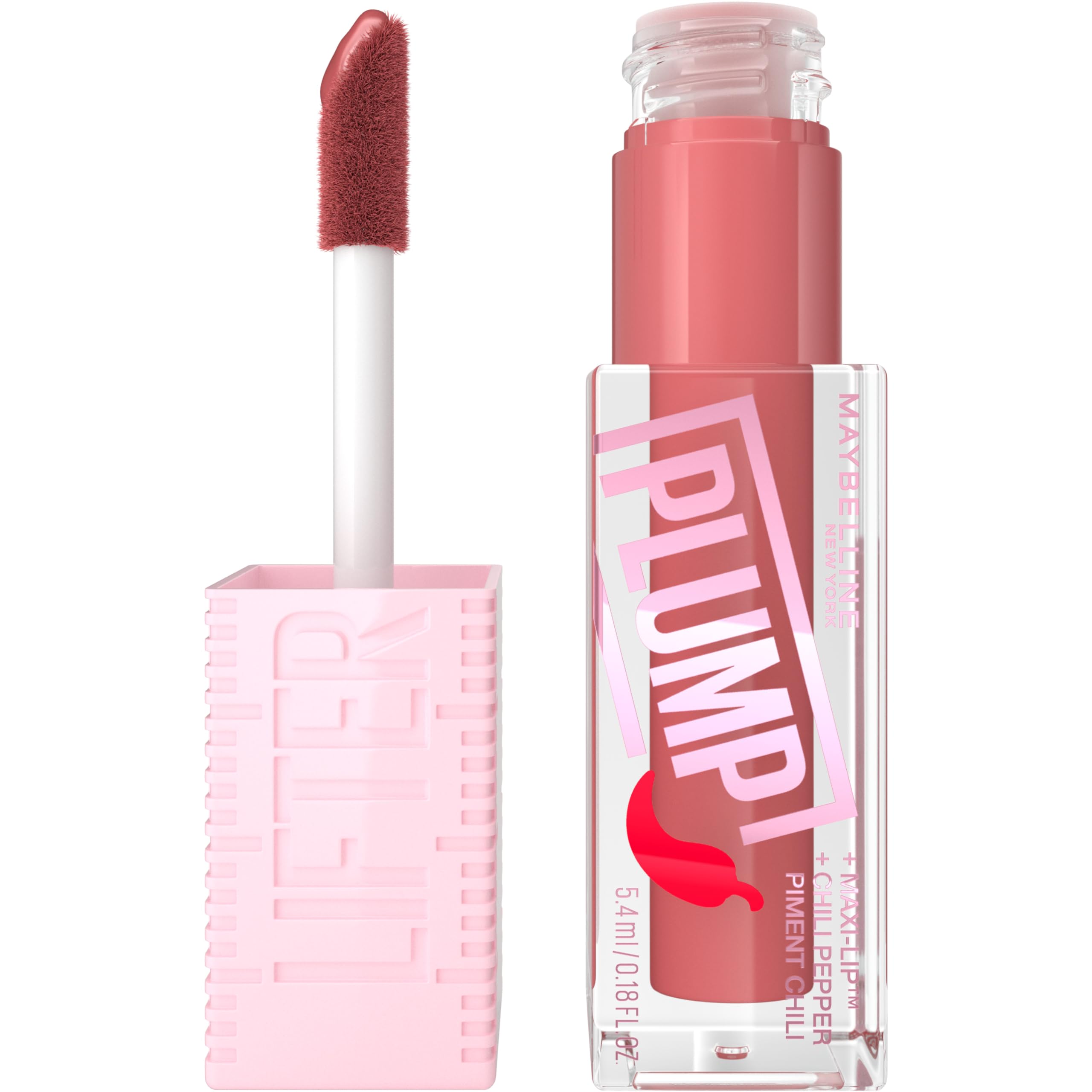 MAYBELLINE Lifter Gloss Plump con aplicador extragrande para volumen inmediato y brillo intenso.