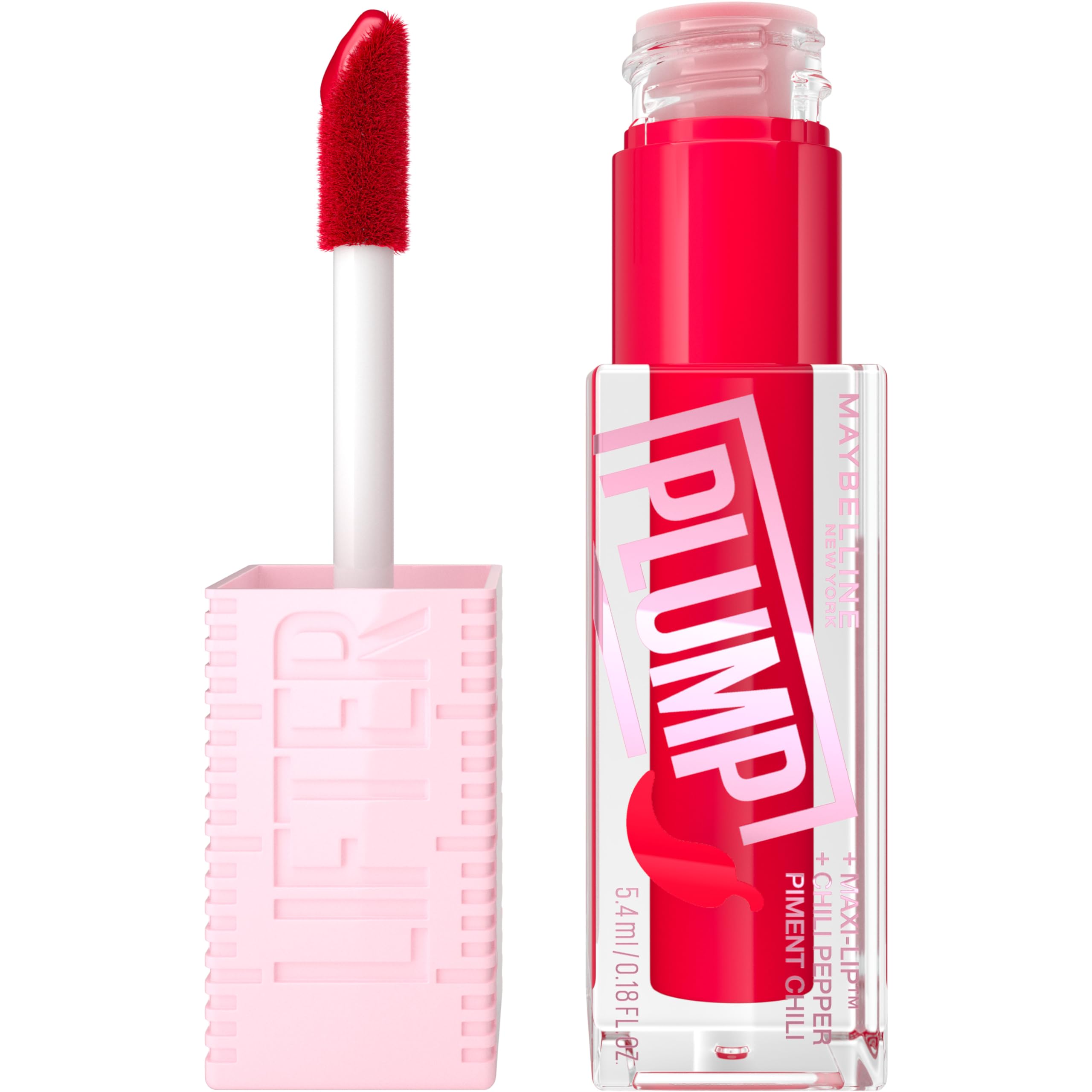 Maybelline Lifter Gloss Plump con aplicador XL eleva los labios para un color intenso.