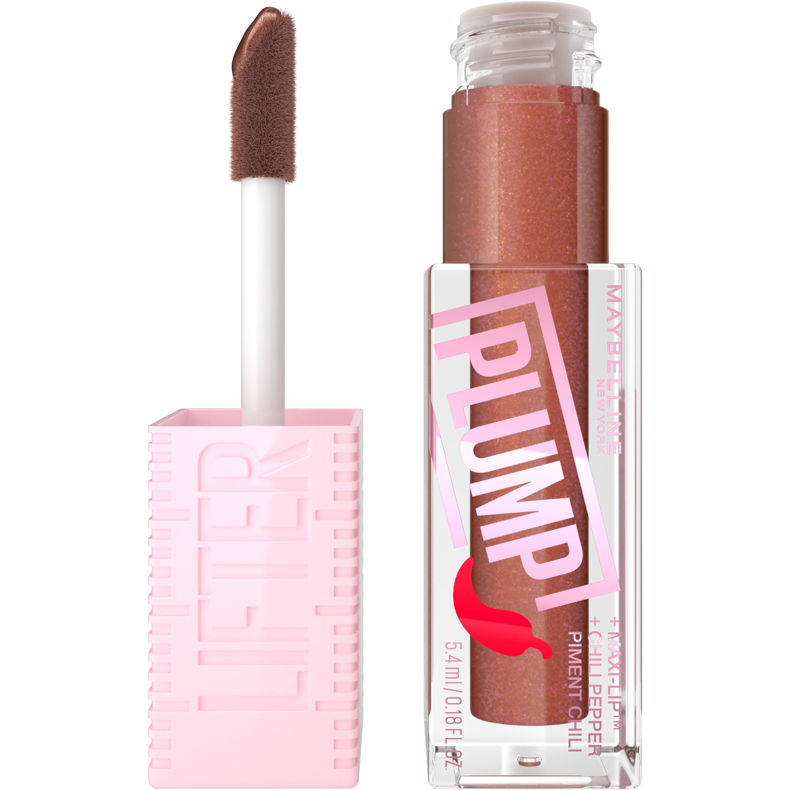 MAYBELLINE Lifter Gloss Plump, aplicador XL eleva labios con brillo intenso.