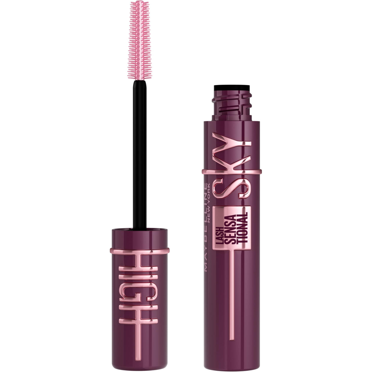 Maybelline con tono burdeos y brocha de torre flexible para volumen desde la raíz.
