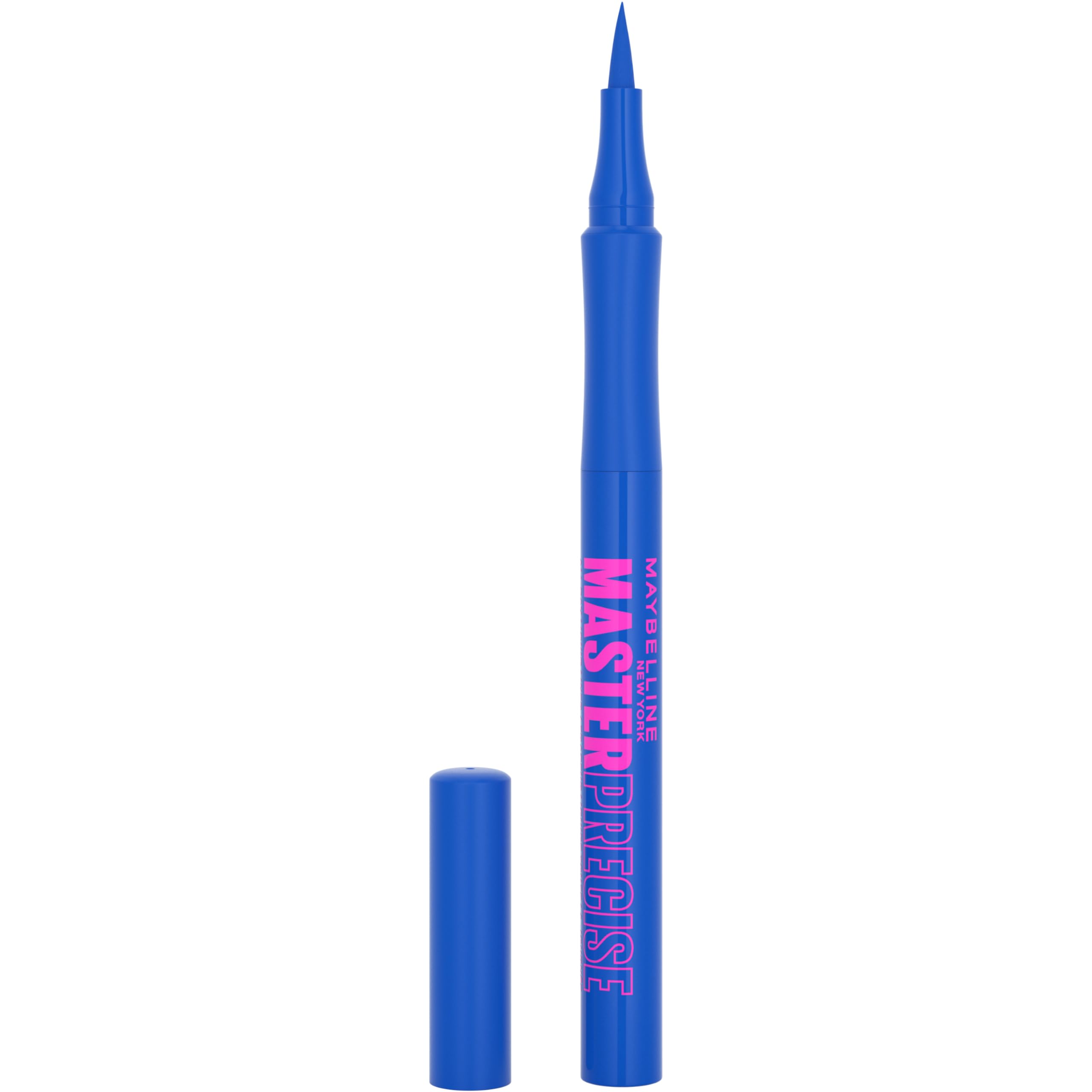 MAYBELLINE Master Precise delineador líquido azul cobalto, empaque compacto para viajar.