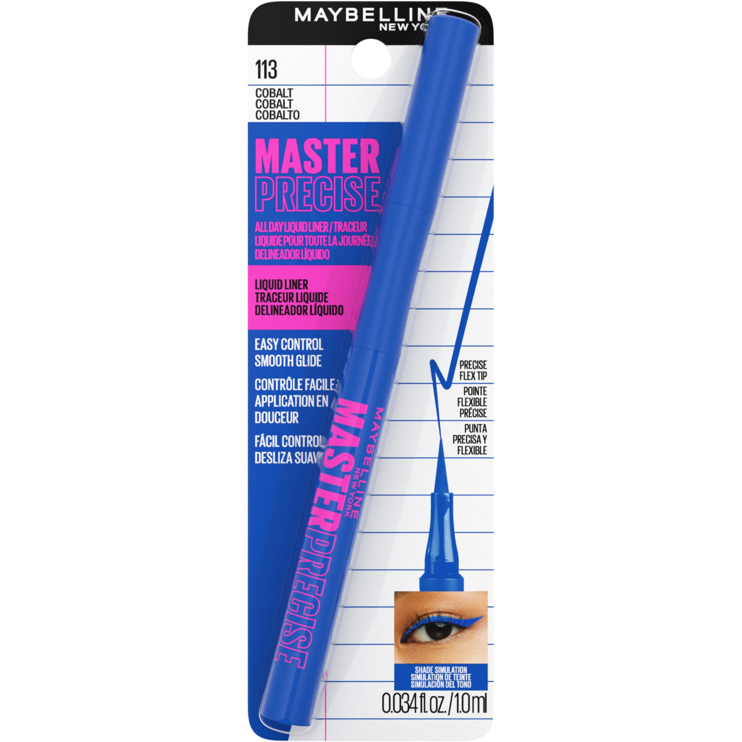 Look diario y nocturno con MAYBELLINE Master Precise en azul cobalto.