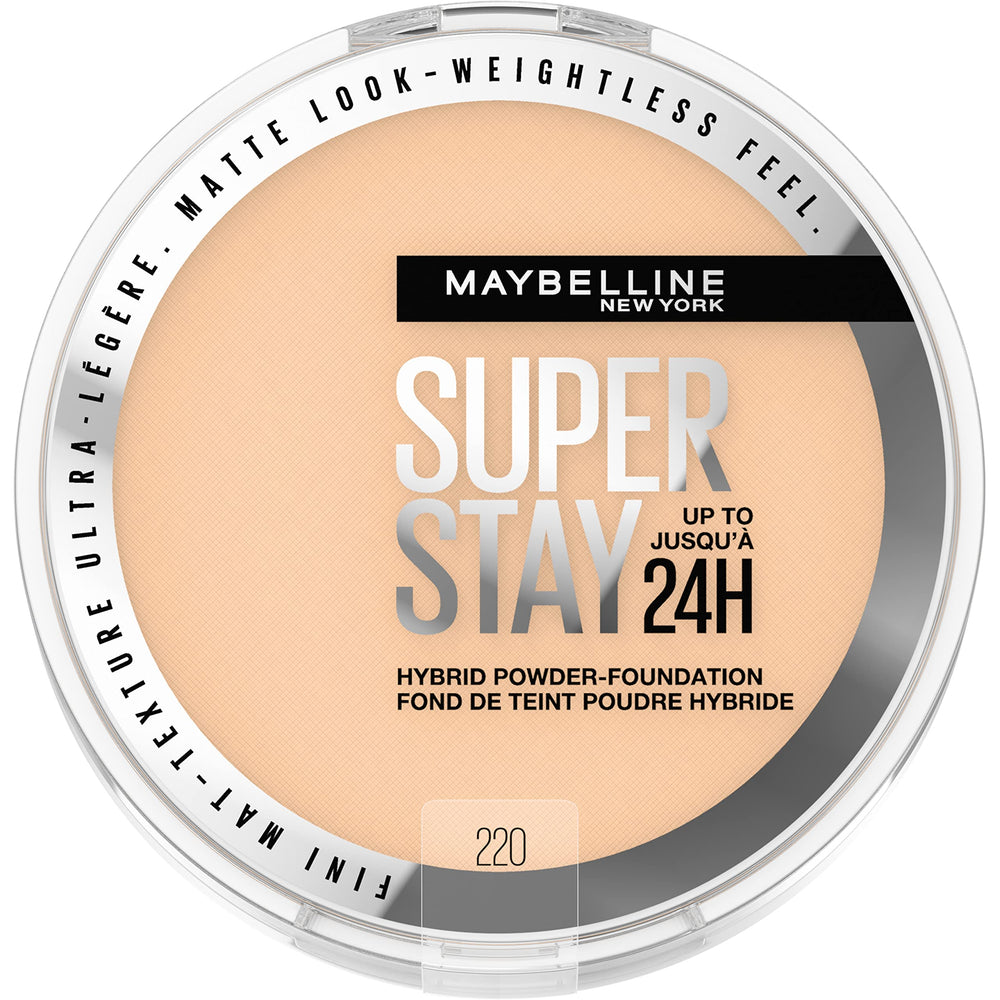 Polvo híbrido Maybelline, fondo mate 24h para acabado duradero.