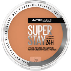 Maybelline Super Stay Hybrid Powder Foundation, aplicación suave para un acabado mate duradero.