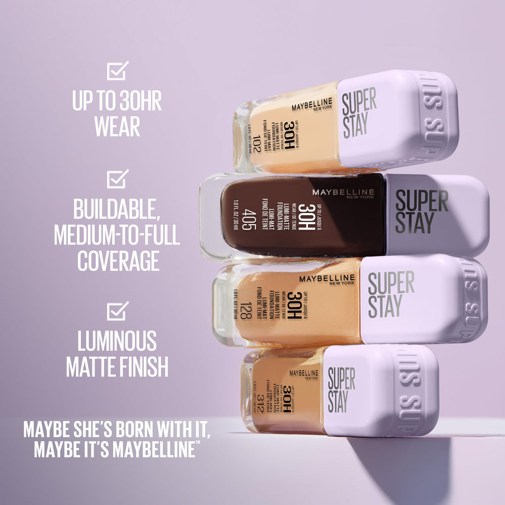 Con Maybelline Super Stay Lumi-Matte Foundation, cobertura ajustable para imperfecciones sin peso