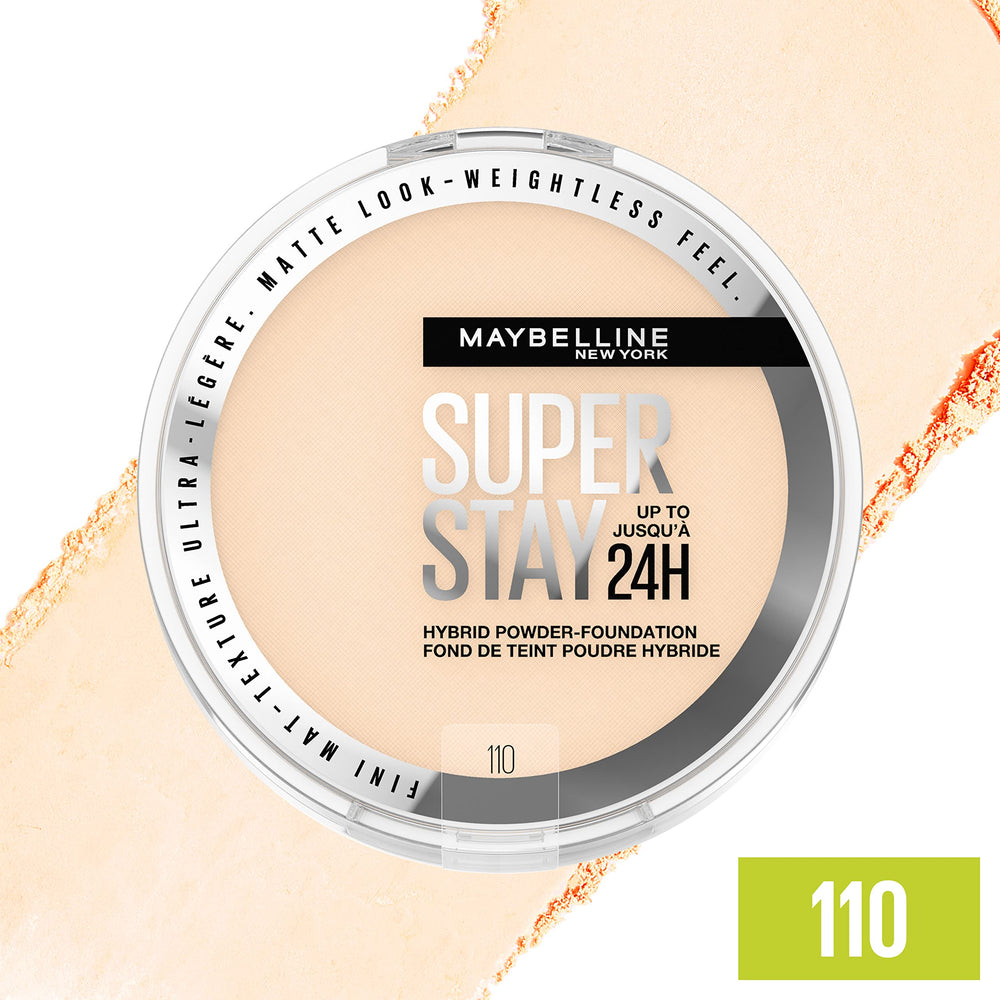 Maybelline Super Stay polvos base 24h, envase compacto para retoques rápidos.