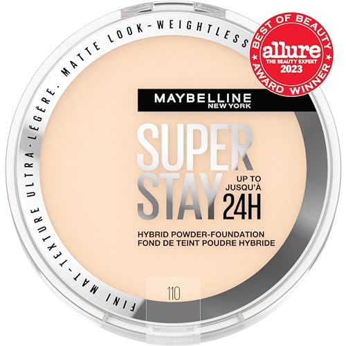 Maybelline Super Stay polvos base 24h, muestra tono 110 para cobertura uniforme.