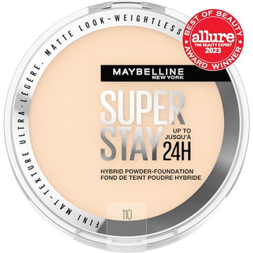 Maybelline Super Stay polvos base 24h, muestra tono 110 para cobertura uniforme.