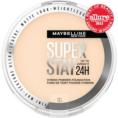 Maybelline Super Stay polvos base 24h, muestra tono 110 para cobertura uniforme.