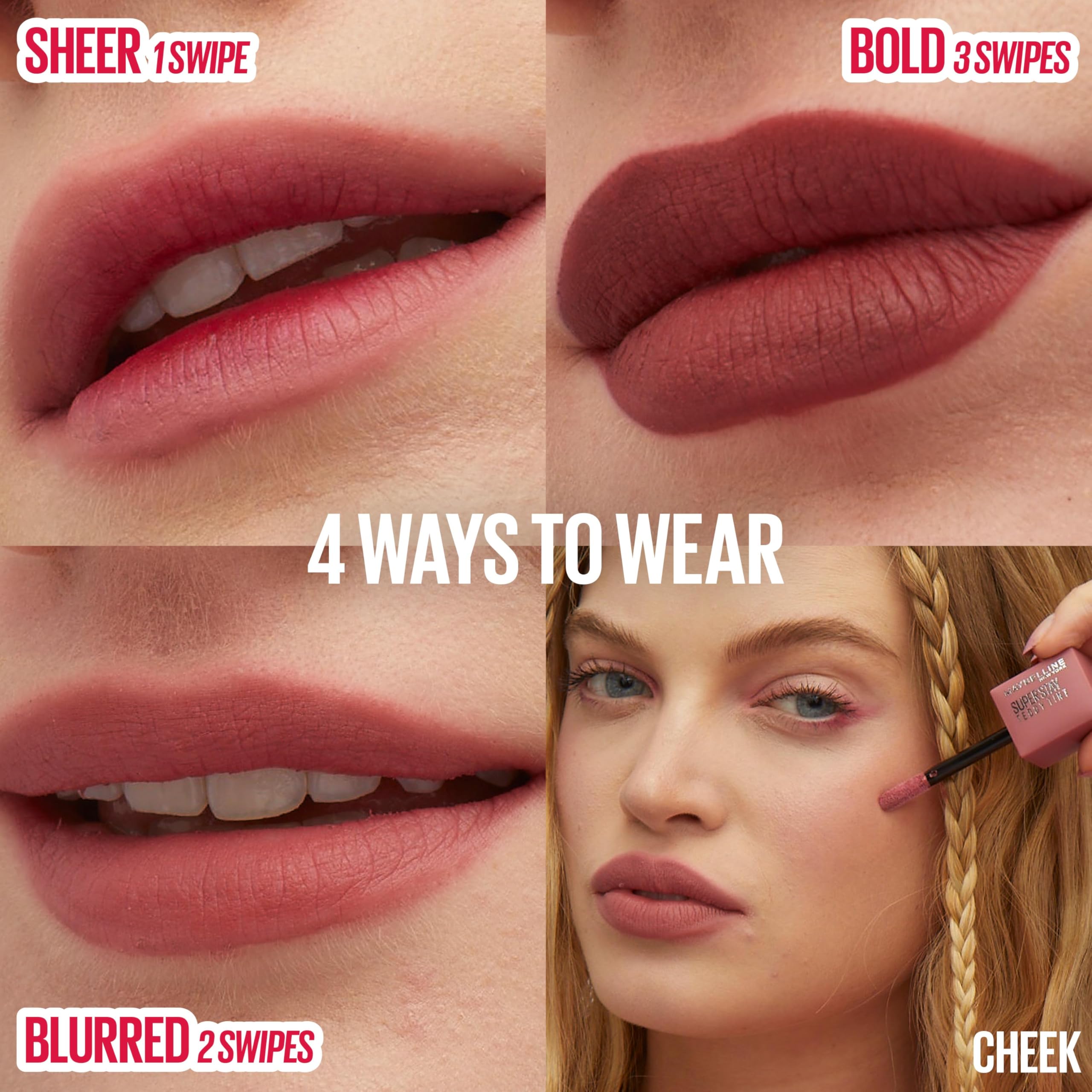 MAYBELLINE Teddy Lip Tint, acabado difuminado para labios suaves y uniformes.