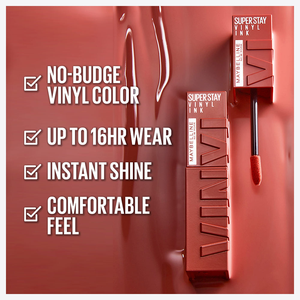 Maybelline Super Stay Vinyl Ink en tono rojo intenso con acabado vinilo de larga duración.