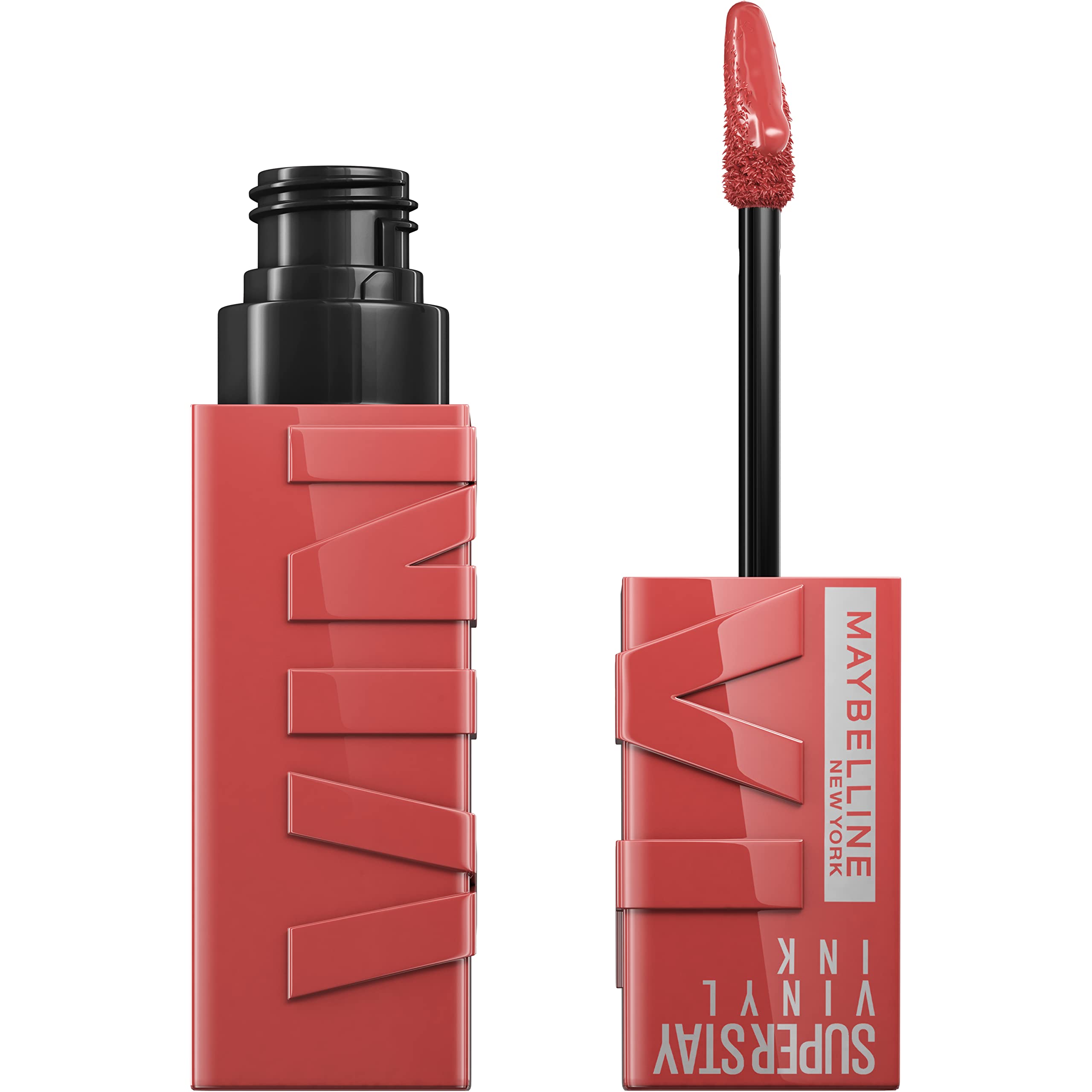 Maybelline Super Stay Vinyl Ink tono melocotón neutro con brillo inmediato para labios.