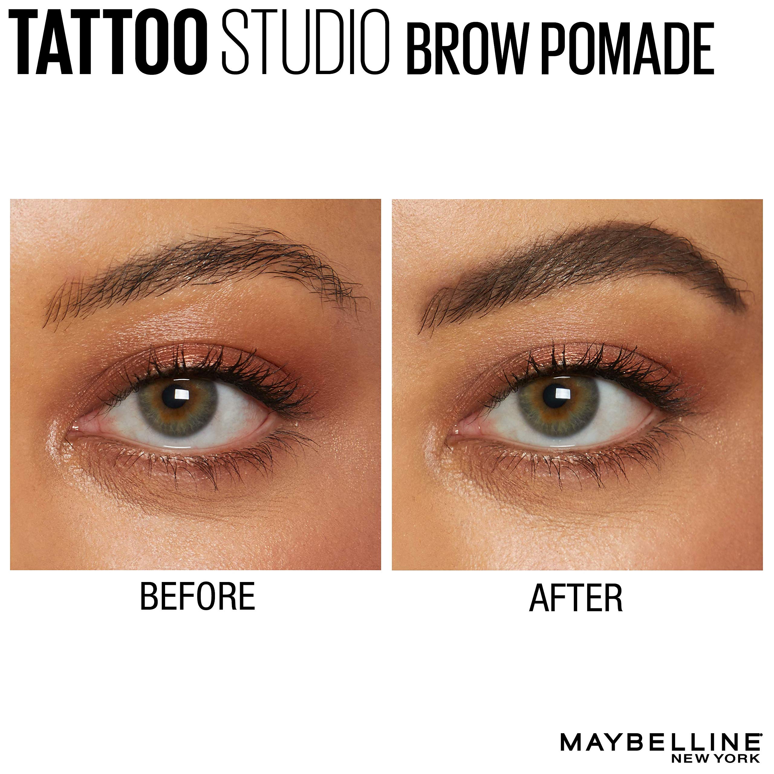 Maybelline TattooStudio Brow Pomade desliza suave para rellenar con consistencia mate.