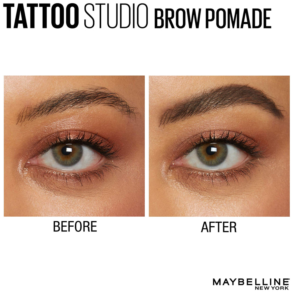 Maybelline TattooStudio Brow Pomade desliza suave para rellenar con consistencia mate.