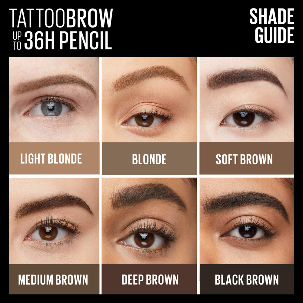 Lápiz de cejas afilable de Maybelline TattooStudio para trazos precisos.