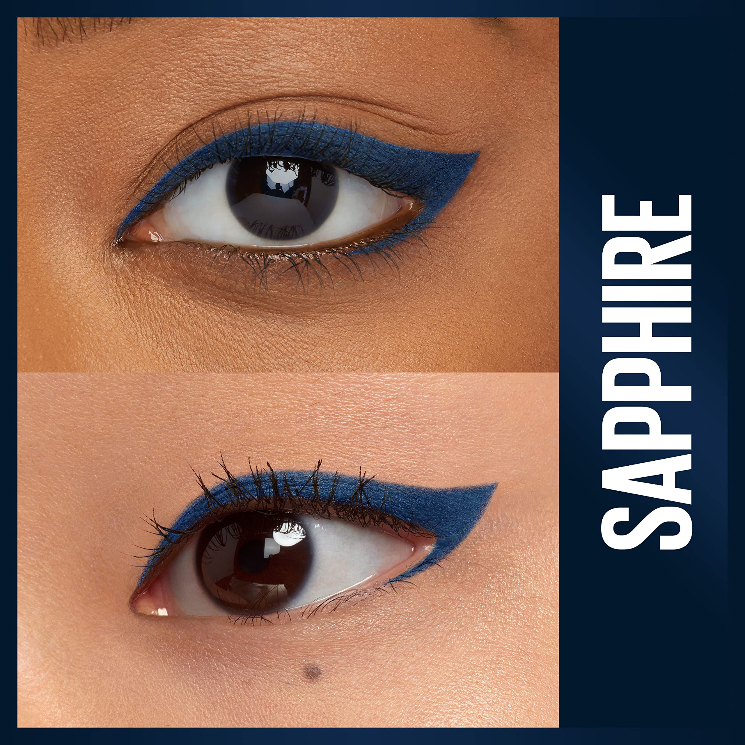 Delineador azul Sapphire de Maybelline resistente a manchas para acabado duradero.
