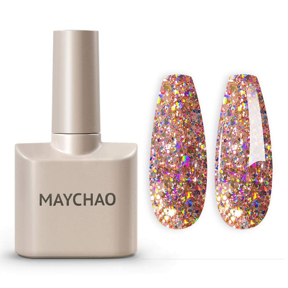 MAYCHAO esmalte gel 15ml en botella clara con brillo, ideal para uñas con destellos