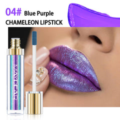 Maydear Chameleon Lipstick on lips with metallic shine enhances vibrant evening looks.