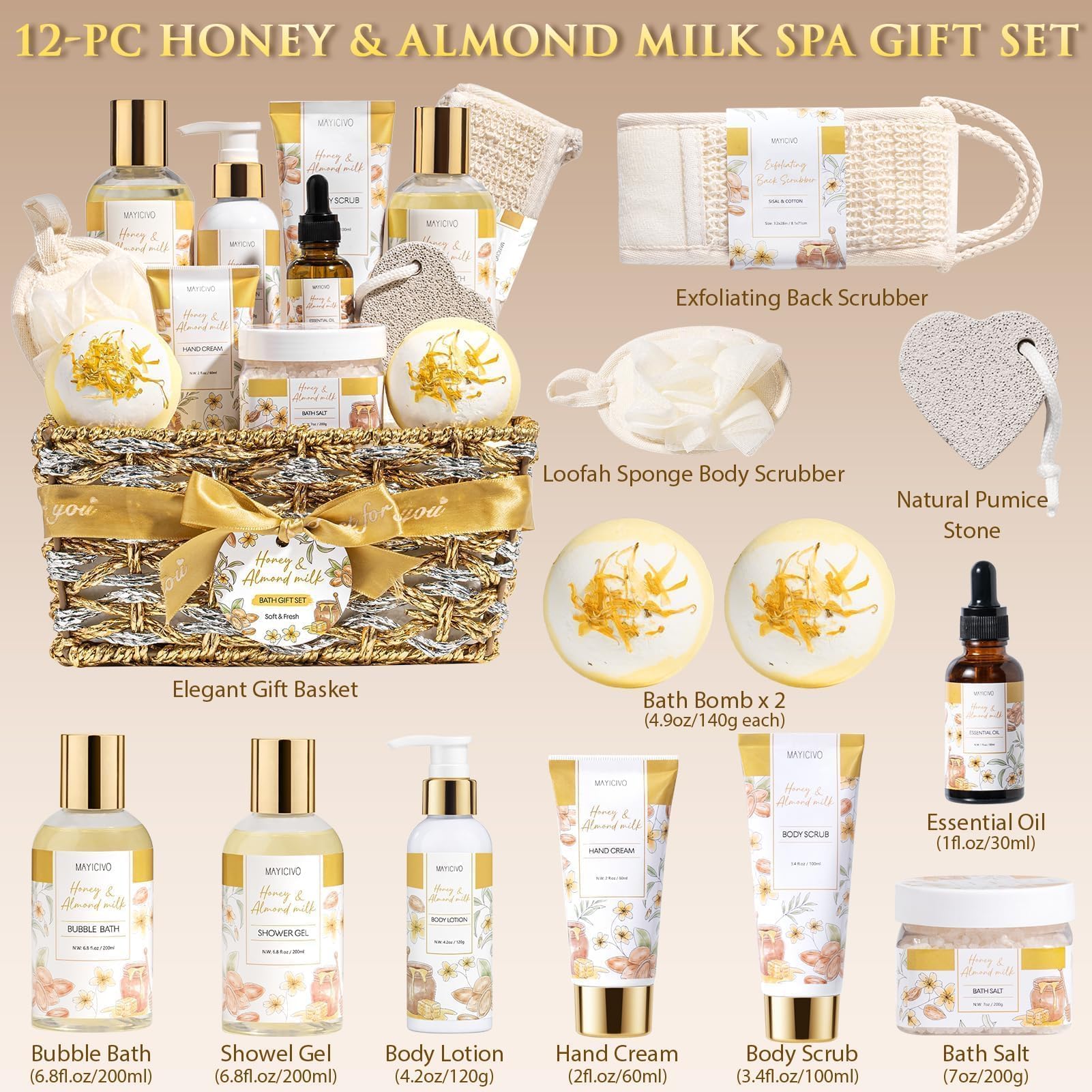 MAYICIVO set-bano-spa-miel-almendra ideal para un cuidado diario