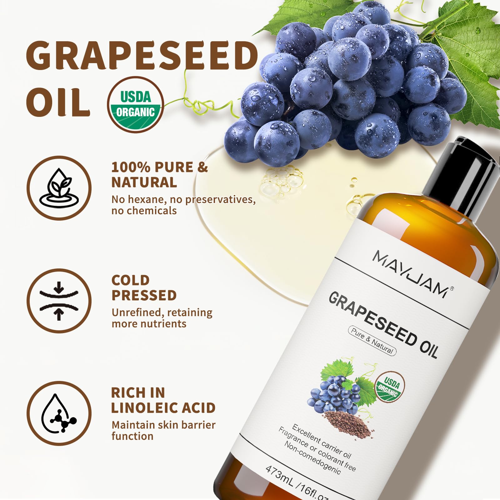MAYJAM frasco de aceite de uva para piel suave y balanceada.