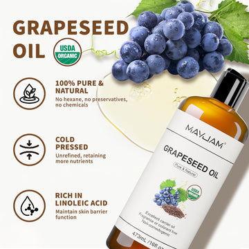 MAYJAM frasco de aceite de uva para piel suave y balanceada.
