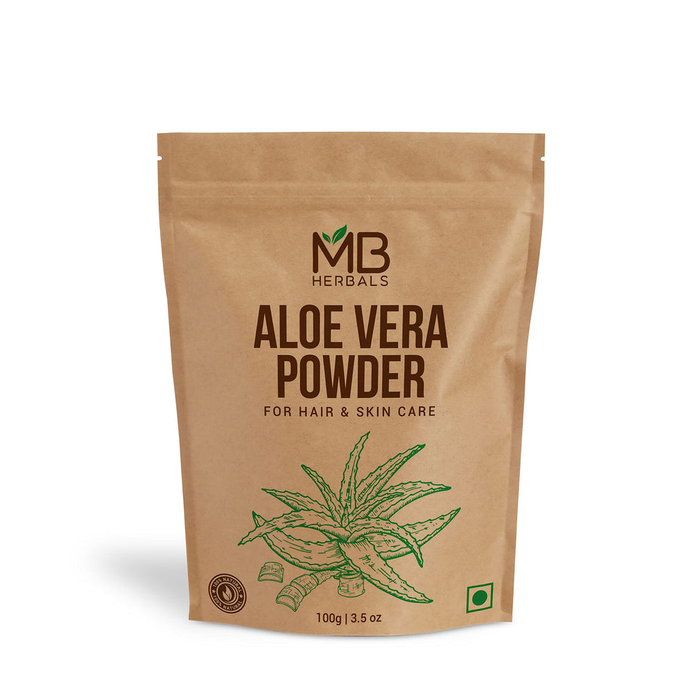 MB Herbals Aloe Vera Polvo: embalaje compacto para hidratación suave y uso en mascarillas.