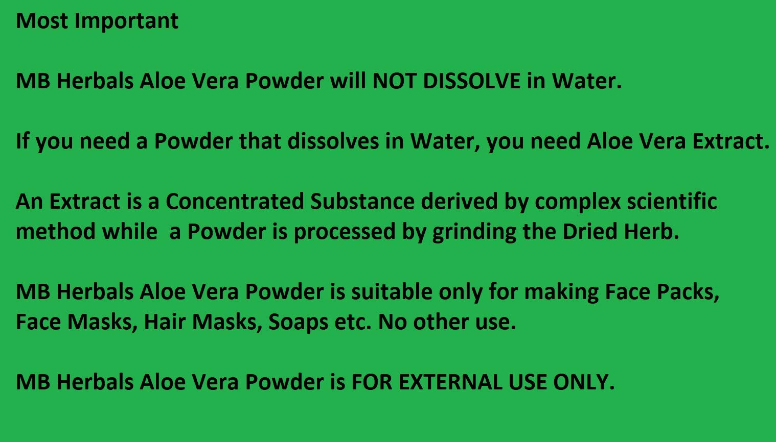 Origen India: MB Herbals Aloe Vera Powder para usos cosméticos naturales