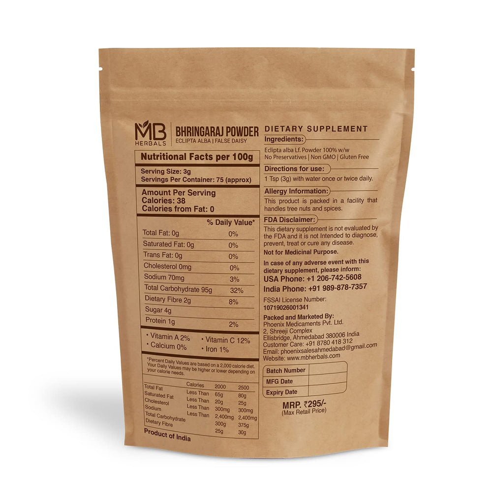 MB Herbals envase polvo bhringraj, práctico para fortalecer el cabello.