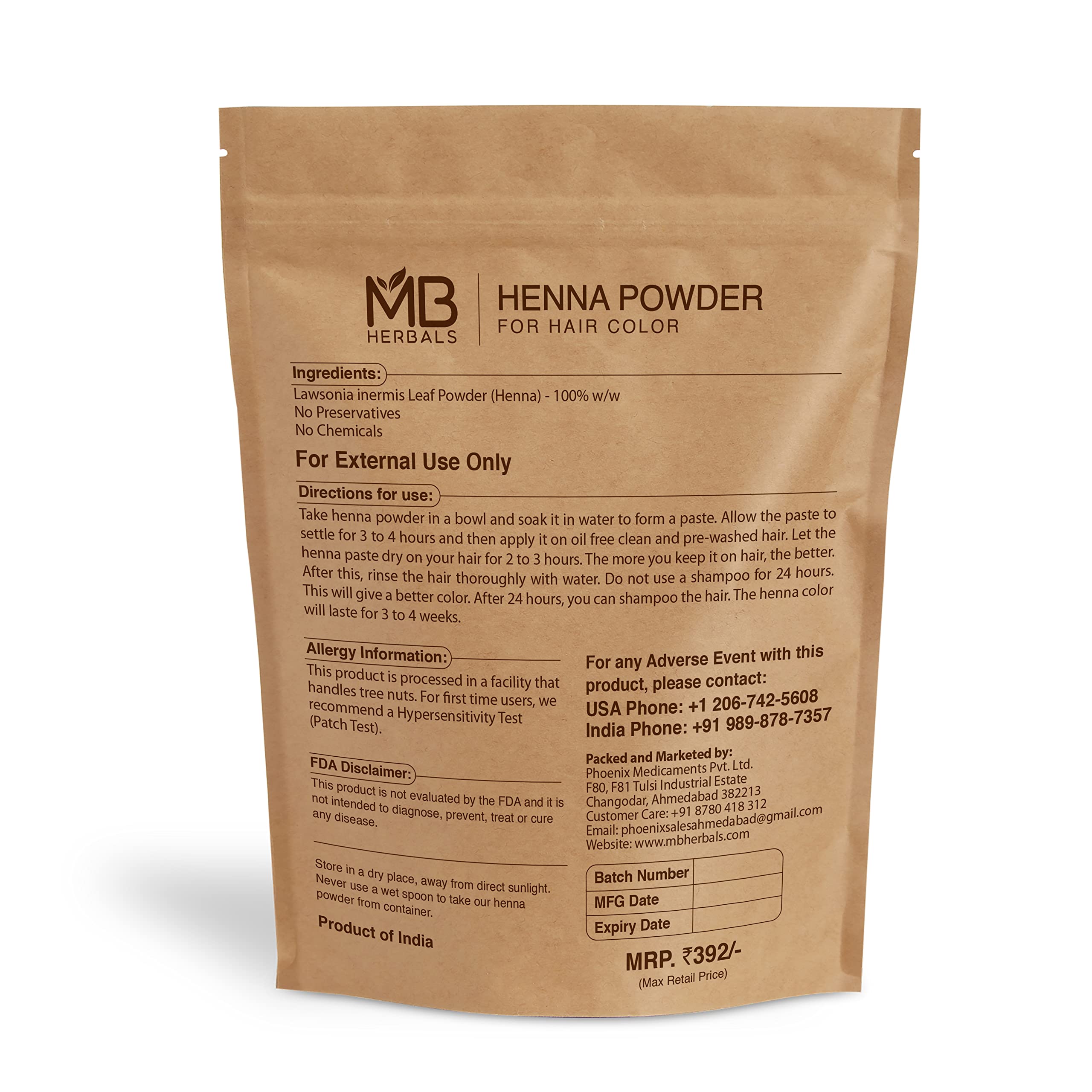 MB Herbals Henna en polvo para aplicación, color naranja-rojizo natural y resultados graduales.