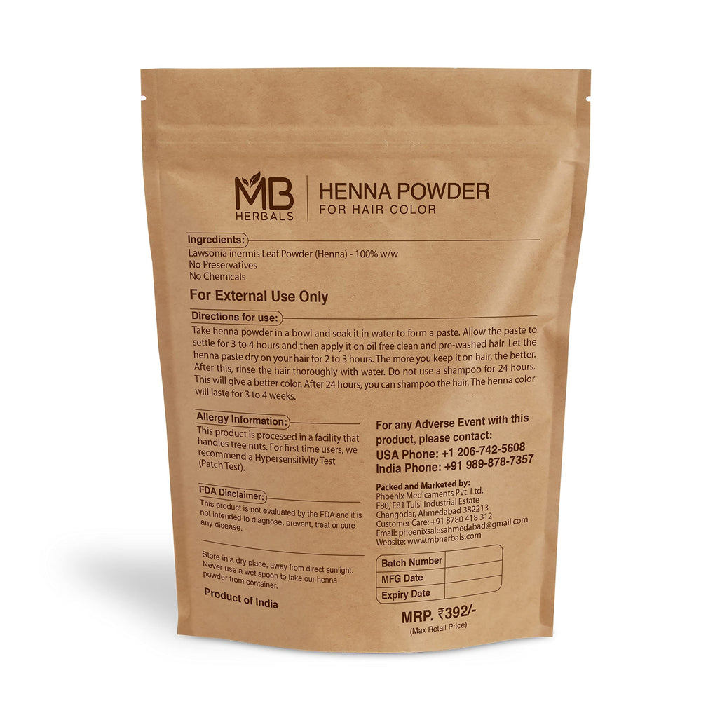 MB Herbals Henna en polvo para aplicación, color naranja-rojizo natural y resultados graduales.