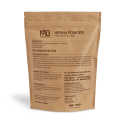MB Herbals Henna en polvo para aplicación, color naranja-rojizo natural y resultados graduales.